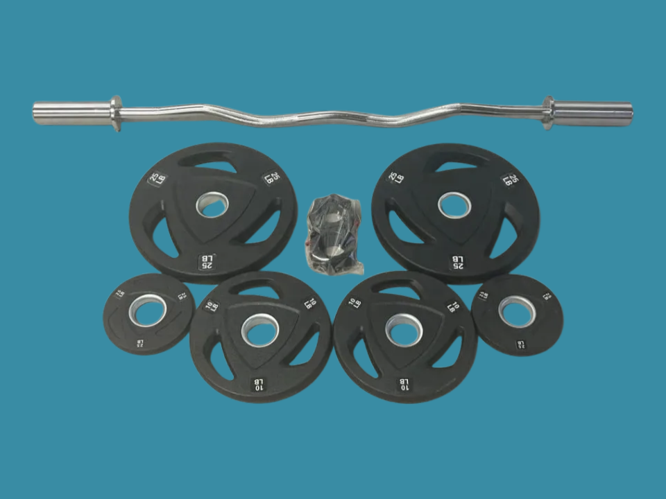 Ensemble neuf incluant barre EZ Curl + 75lbs de Tri Grip Prenium et collets à verrouillage hexagonal