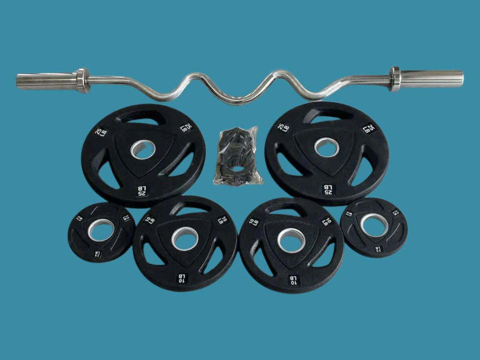 Ensemble neuf incluant Super EZ bar + 75lbs de plaques Tri Grip Prenium et collets à verrouillage hexagonal