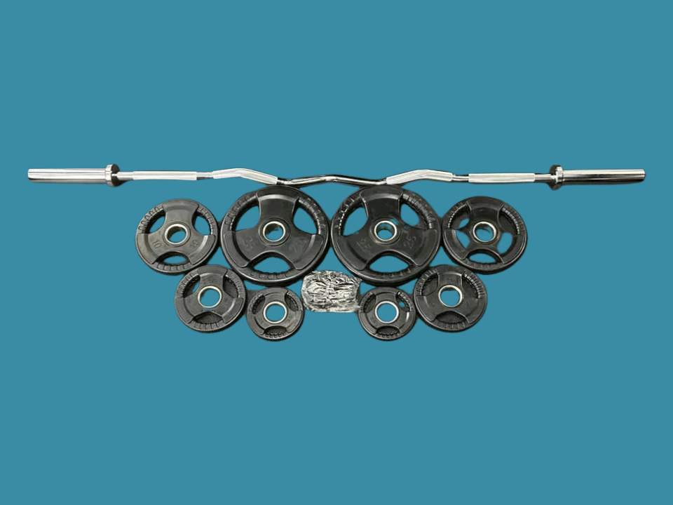 Ensemble incluant barre EZ curl rackable + 85lbs de plaques Tri Grip Classiques et collets à verrouillage hexagonal