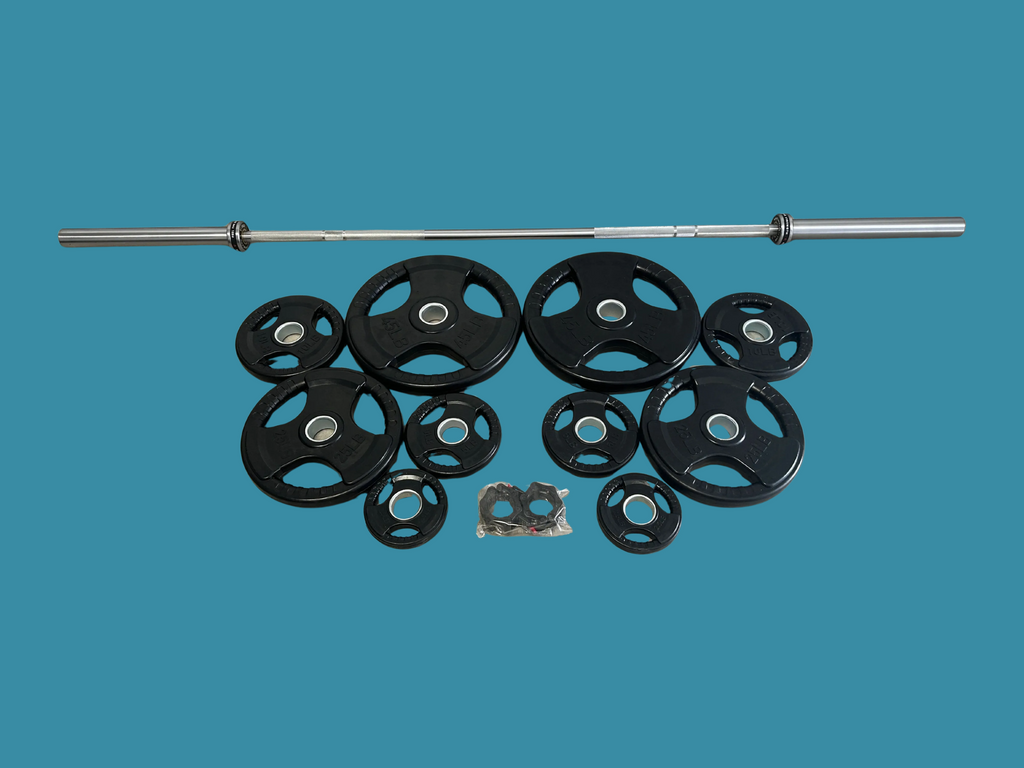 Ensemble neuf incluant barre olympique polyvalente Atlantis + 175lbs de plaques Tri Grip Classiques et collets à verrouillage hexagonal