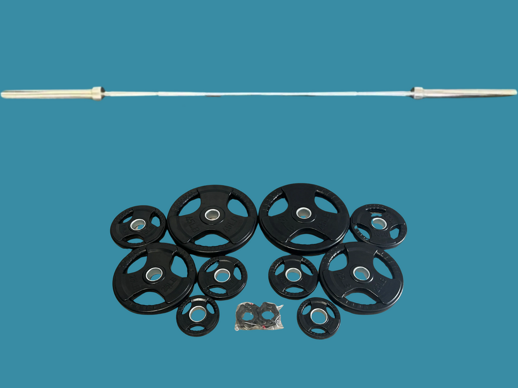 Ensemble neuf incluant barre de 7 de pieds chrome testée 700 lbs + 175lbs de plaques Tri Grip Classiques et collets