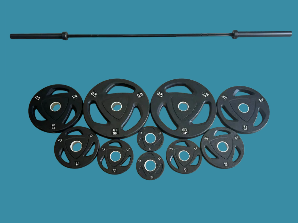 Ensemble neuf incluant barre olympique polyvalente + 175lbs de plaques Tri grip Prenium et collets à verrouillage hexagonal