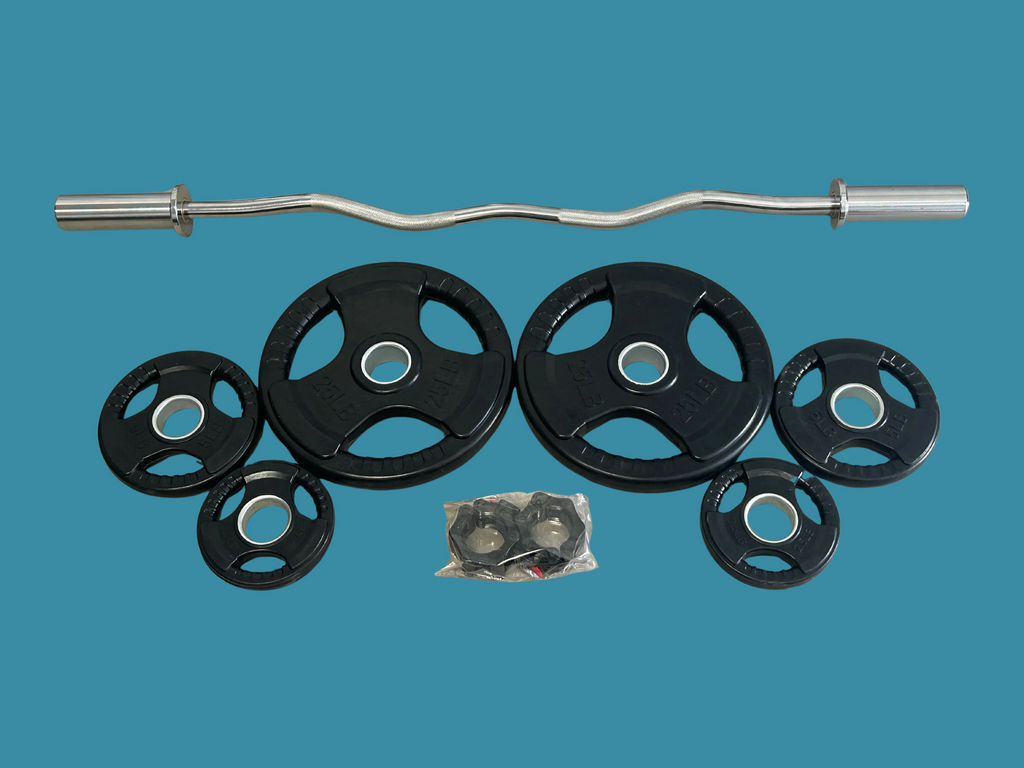 Ensemble neuf incluant EZ bar + 75lbs de plaques Tri Grip Classiques et collets à verrouillage hexagonale